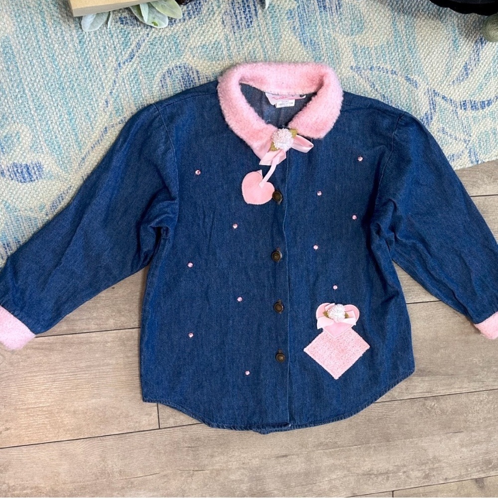 Vintage 90s Girls Denim & Fur Long Sleeve Cotton Denim Shirt Made in USA Sz 5/6